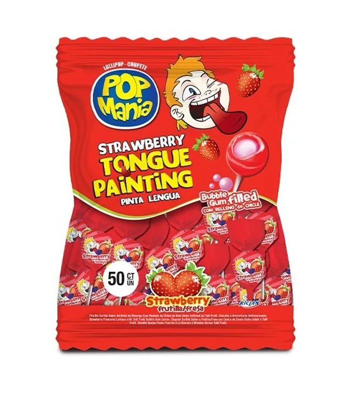 Foto de Chupa Chupa Pop Mania Fresa Pinta Lengua 17 g Riclan (Bolsas x 50 Unidades) (Caja de 14 bolsas)